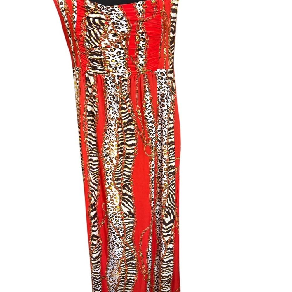Women’s Maxi Dress Cut Out Gold Chain Lock Animal Print Red Mob Wife Large